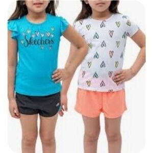 Skechers Girls 4 Piece Set 2 Tees 2 Shorts Hearts Blue White Peach Black 4T NEW